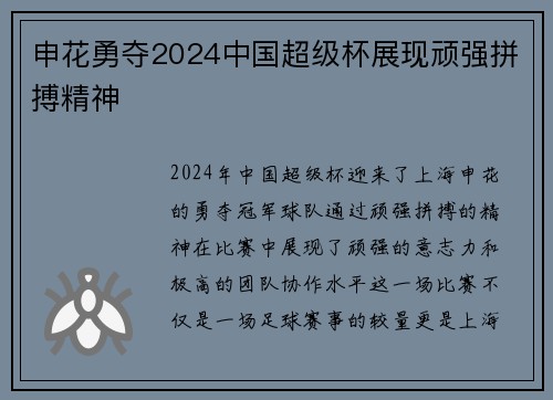 申花勇夺2024中国超级杯展现顽强拼搏精神